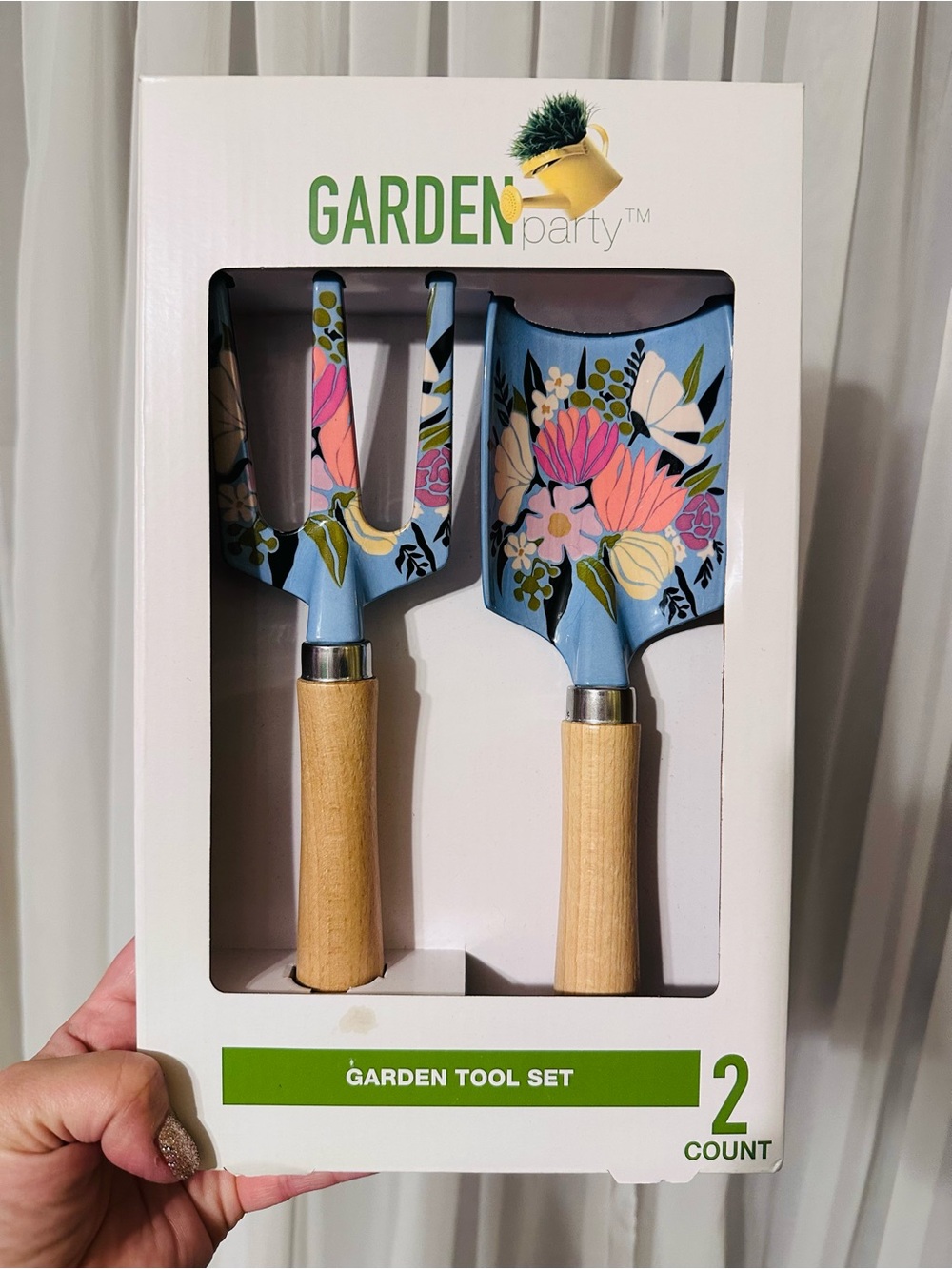 Garden Blue Pink Floral metal wood Tool Set Gift